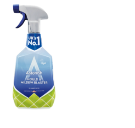 A bottle of Astonish brand Mould & Mildew Blaster cleaning spray; this is our recommended cleaner for getting rid of mould if it starts to grow in your home.